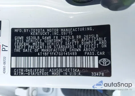 2016 Toyota Camry Se z USA, uszkodzony, nr VIN 4T1BF1FK7GU145489